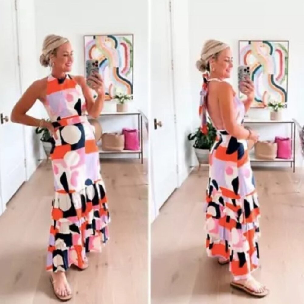 NWT Gianni Bini Venita Aspen Andrea Abstract Print Halter Maxi Dress Size 10